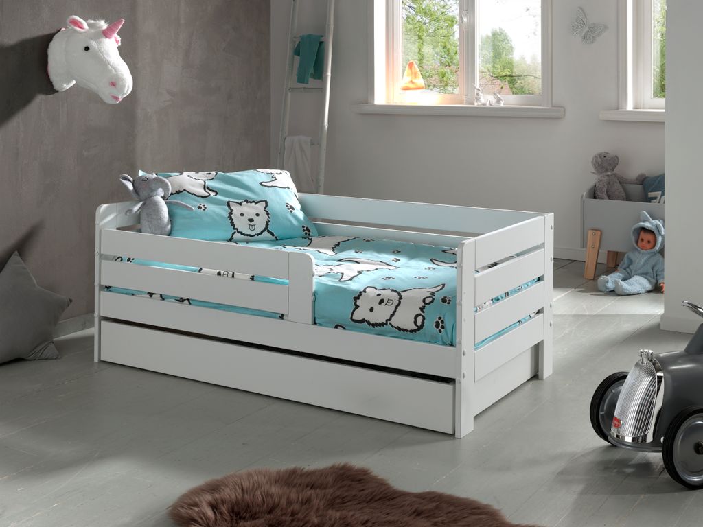 Vipack - Juniorbett mit Liegefläche 70 x 140 cm, Umrandung mit waagerechten Paneelen, inklusive Bettschublade, Ausf. MDF weiß lackiert
