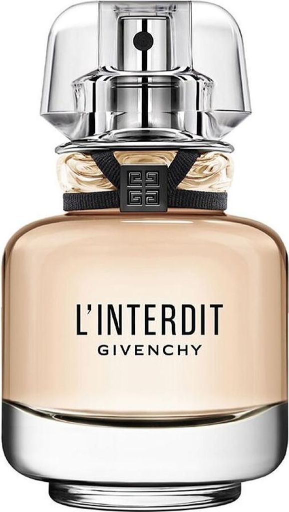 A close-up studio shot of a Givenchy L'Interdit perfume bottle.