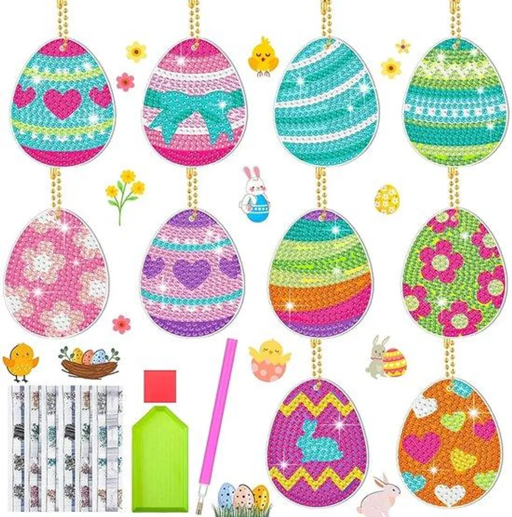 Kit Créatif Diamond Painting Pâques 10 Pièces avec Porte-Clés DIY