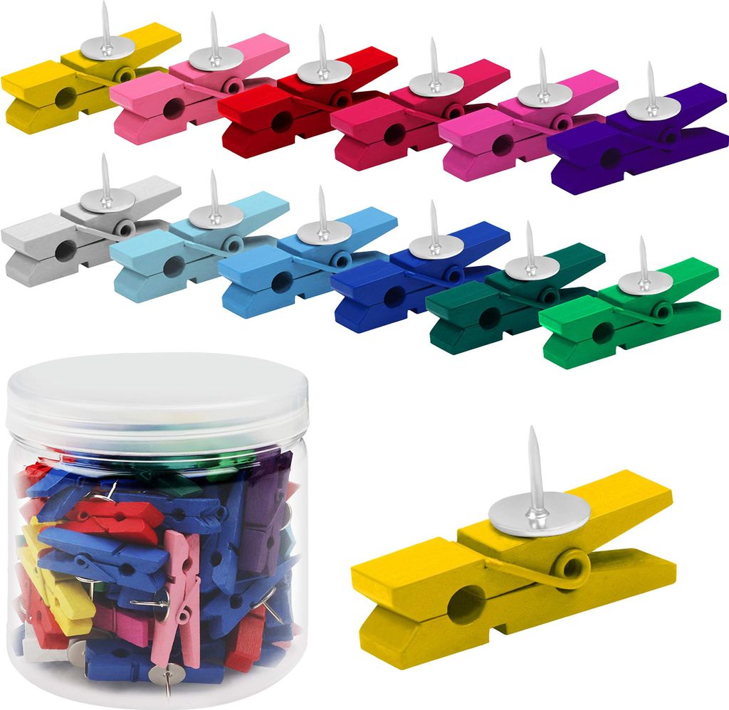 Belle Vous Holz Wäscheklammern Bunt mit Reißzwecken zum Anstecken (70 Stk) - Bunte Klammern mit Pinnadeln Heftzwecken Stecknadeln, Holzklammern für