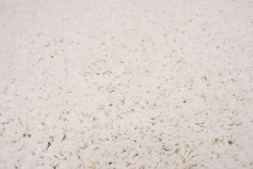 A close-up view of a cream-colored shaggy rug.