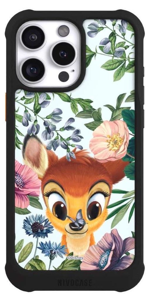 NIVOCASE Hülle für Apple iPhone 16 Pro Max Stoßfeste Handyhülle NIVOmax Case Schwarz Bambi Blumen Disney