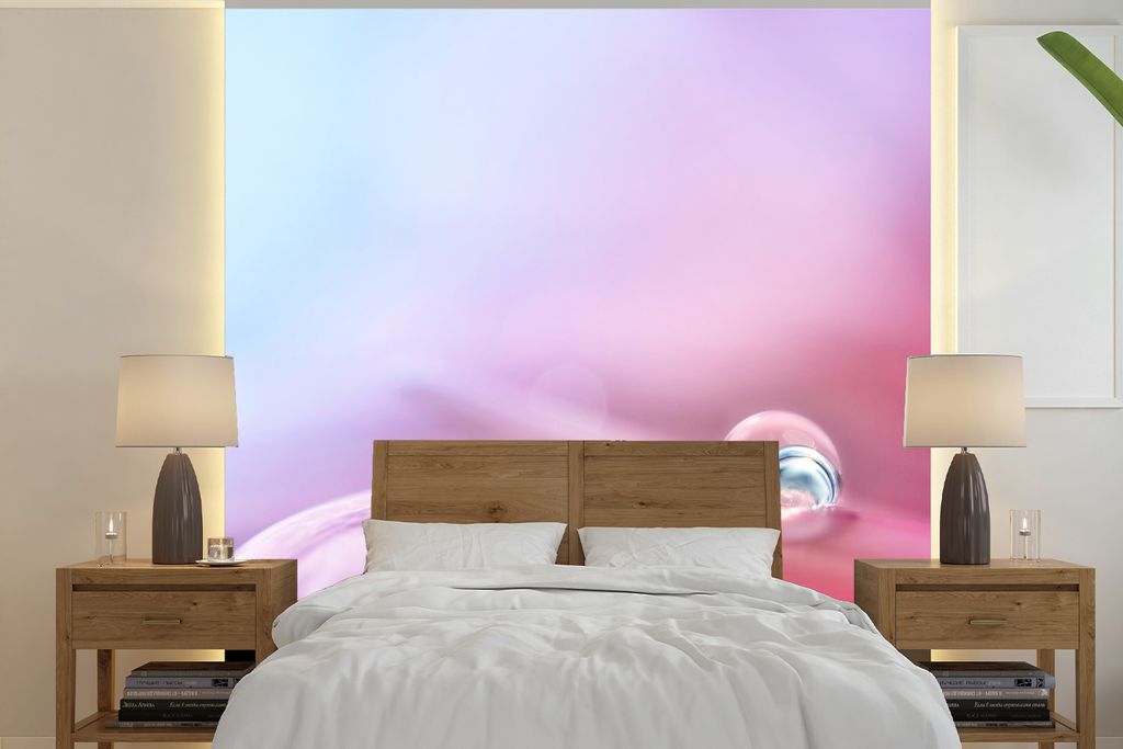 MuchoWow Fototapete für Wohnzimmer oder Schlafzimmer Wandtapete Vinyl Motivtapete Wassertropfen auf einem Gerbera-Blatt - 240x240 cm - Schlafzim...