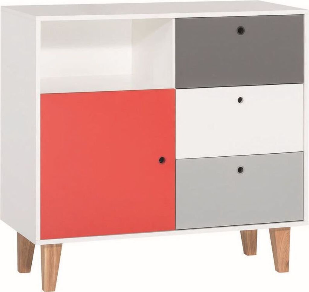 Jugendzimmer - Kommode Syrina 08, Farbe: Weiß / Grau / Rot - Abmessungen: 96 x 103 x 45 cm (H x B x T)