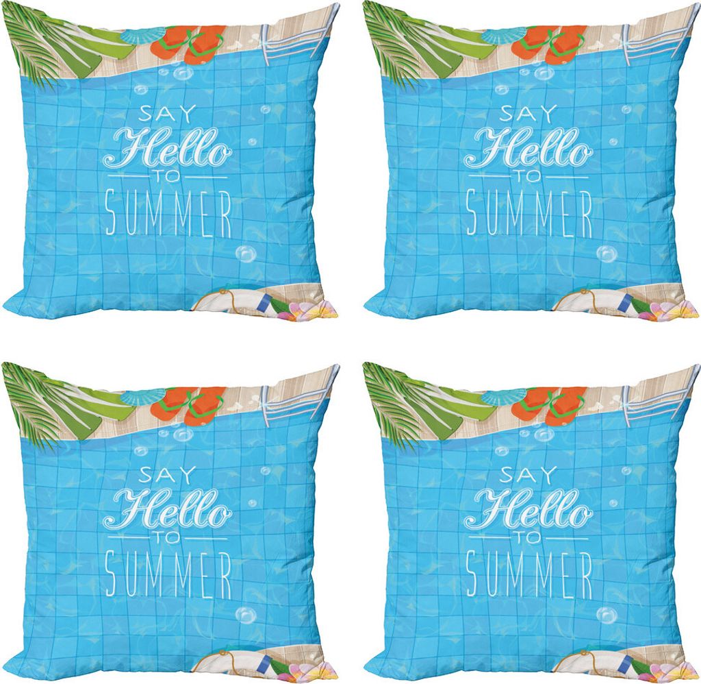 ABAKUHAUS Hallo Sommer Kissenbezug Set (4 Stück), Schwimmbad, Moderner Doppelseitiger Digitaldruck, 45 cm x 45 cm, Mehrfarbig