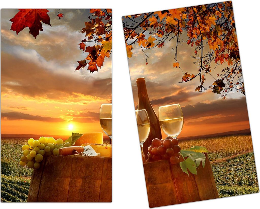 Spritzschutz Herdabdeckplatte Schneidebrett aus Glas Wein auf Fass am Weinberg 2-Teilig (60x52cm)