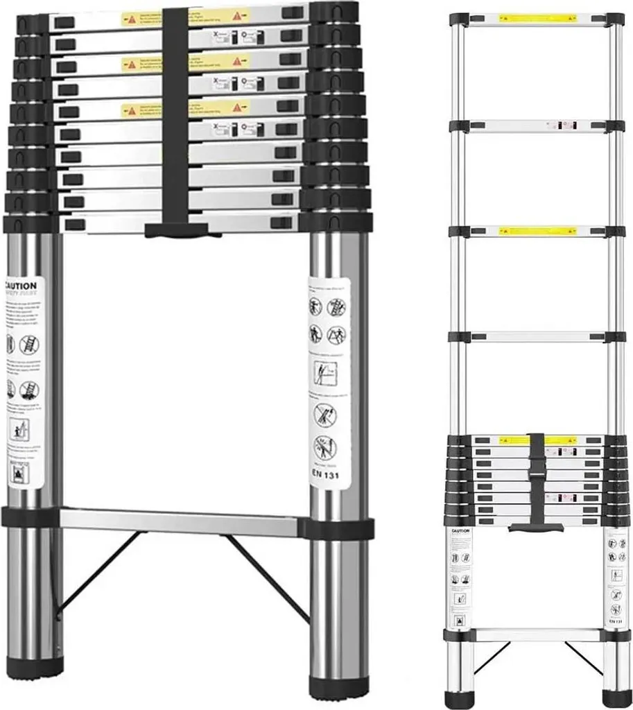 Échelle ménagère pliante 3,8 m télescopique portable en acier argenté