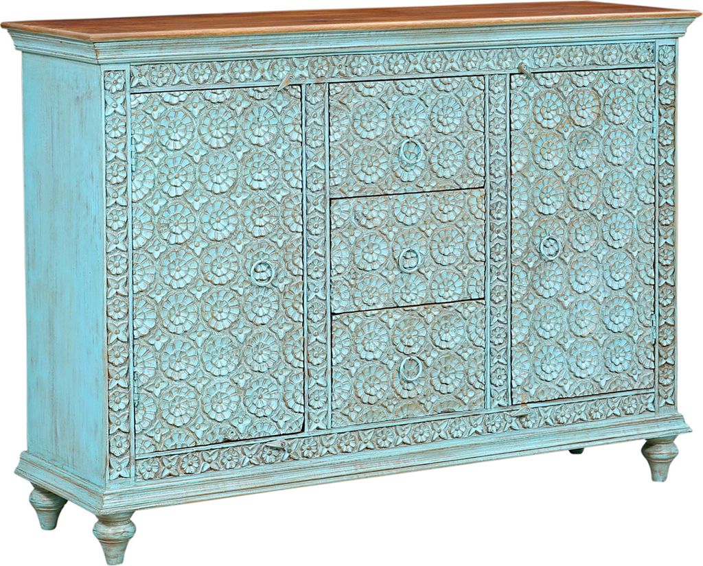 Marrakesch Boho Sideboard mit Türen aus Holz massiv 148cm groß als Wohnzimmer Möbel | Vintage Deko Kommode Komode Kabira blau handgeschnitzt fü...