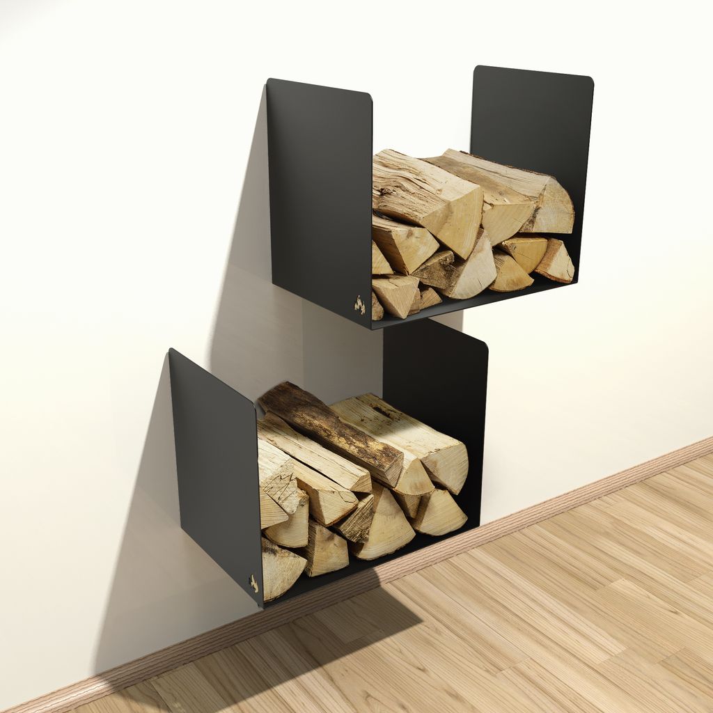 Kaminholzregal Innen Außen Brennholzregal Wand-Montage Metall, Modell:Schwarz Wandmontage