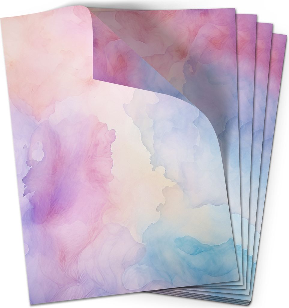 50 Blatt Briefpapier (A4) | Aquarell Bunt Rosa Lila Pink | Bastelpapier | edles Design Papier | beidseitig bedruckt | Bastelpapier | 90 g/m²