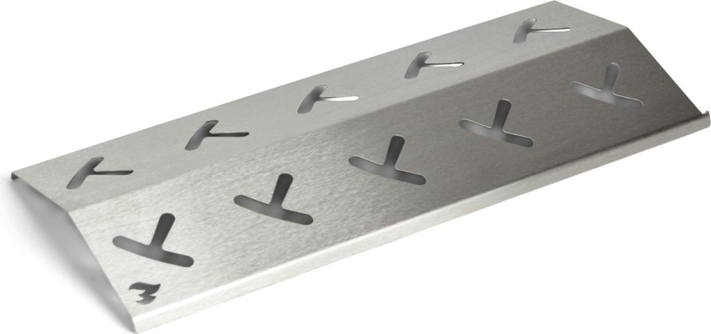 A stainless steel aroma rail for a grill, with T-shaped cutouts, shown from a slightly elevated side angle against a white background.