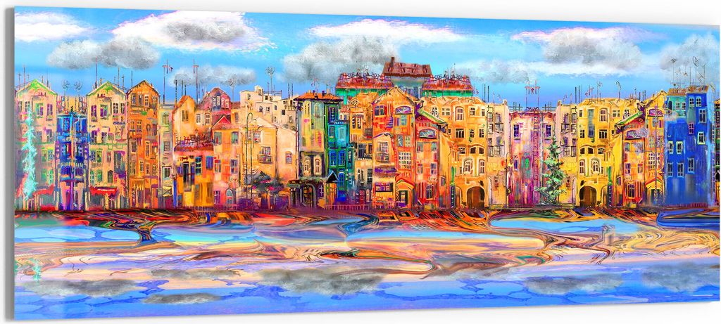 DEQORI Glasbild Echtglas 125x50 cm 'Buntes Stadtbild' Wandbild Bild modern Deko