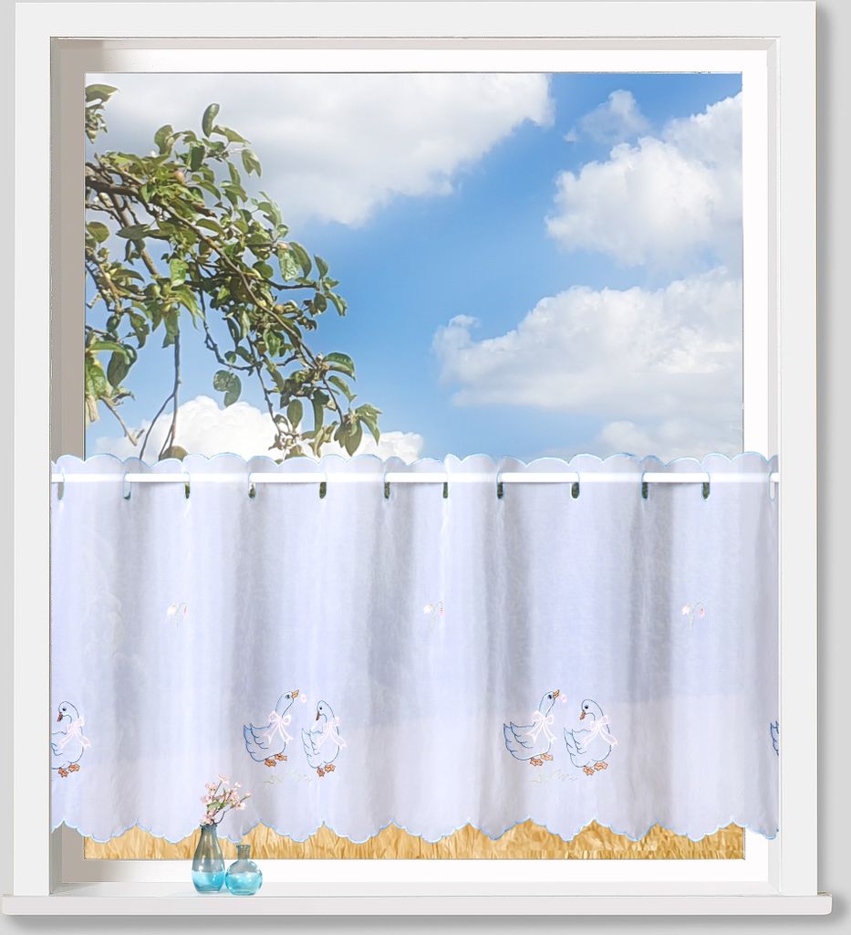 heimtexland Scheibengardine Voile Stickerei Gänse Deko Gardine Transparent Landhaus bestickt Fensterdekoration Bistrogardine Bordüre Blau Typ8...