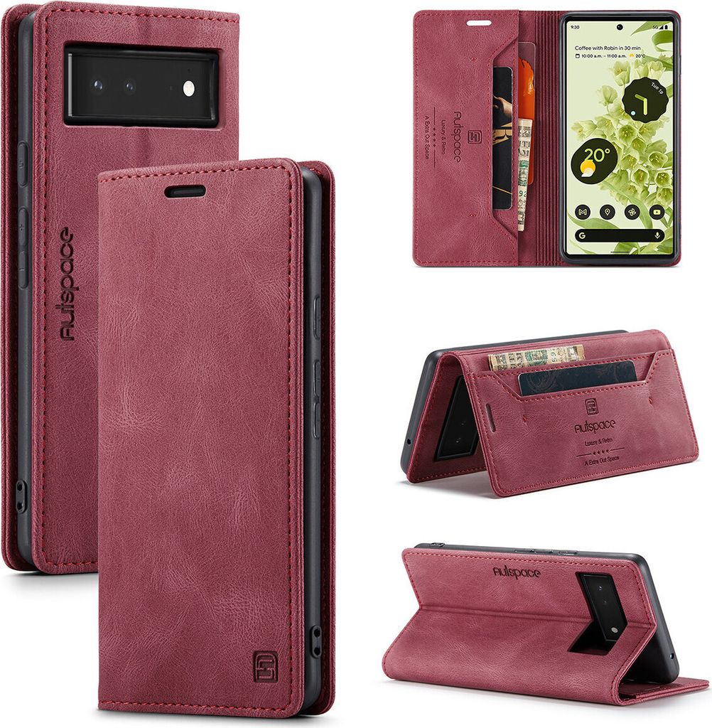 Google Pixel 6 Brieftasche Hülle, Retro Kunstledertasche Stand Schutzhülle für Google Pixel 6 Rot