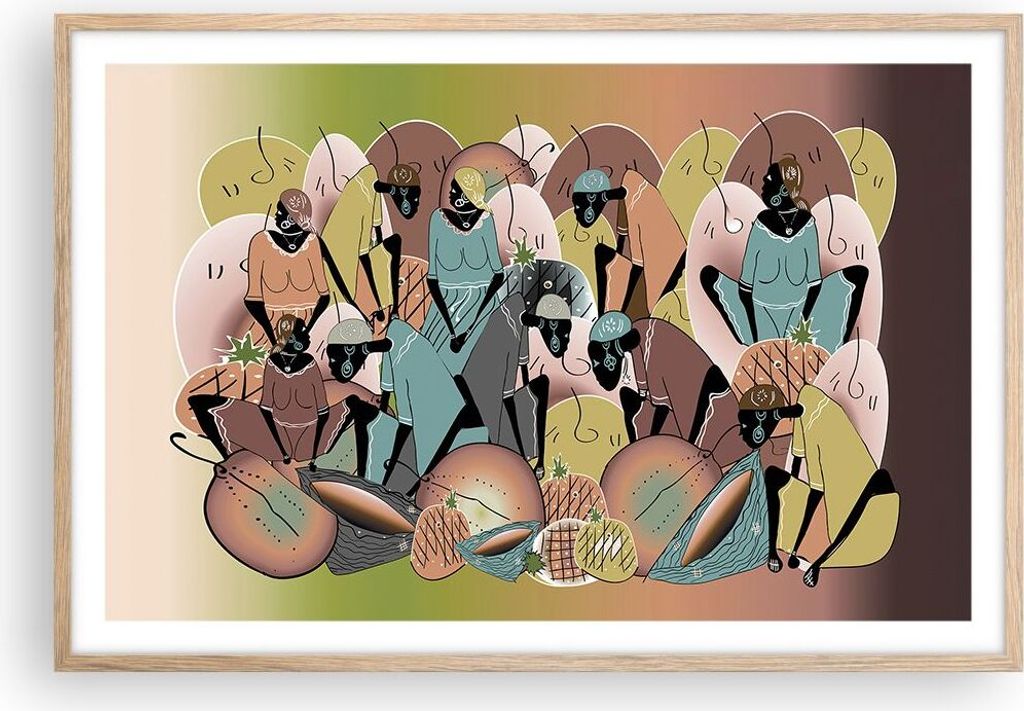 Gerahmtes Poster - Rahmen in heller Eiche - Afrikanisch Grafik Frauen - 91,5x61 cm - Wand Bild - Wanddeko - Wandbilder - Kunstposter - Wandposter -...