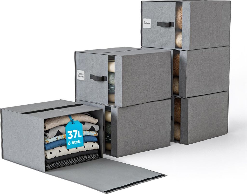 Björn&Schiller Aufbewahrungstasche für Kleidung – 6 Stück, 39×36×26 cm, 37L, Leinen, Sichtfenster, Fixiergurte, Grau