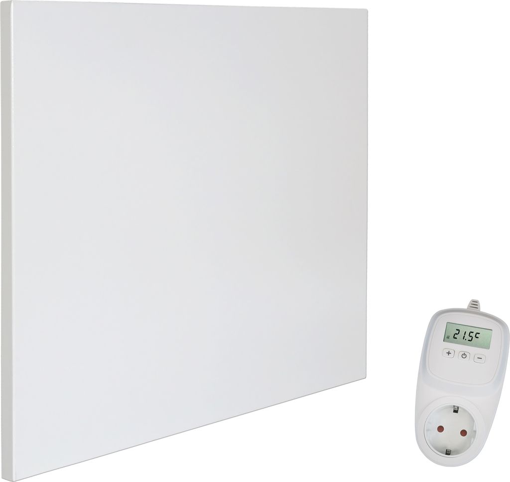A white infrared heater panel and a white thermostat plug are shown against a white background.