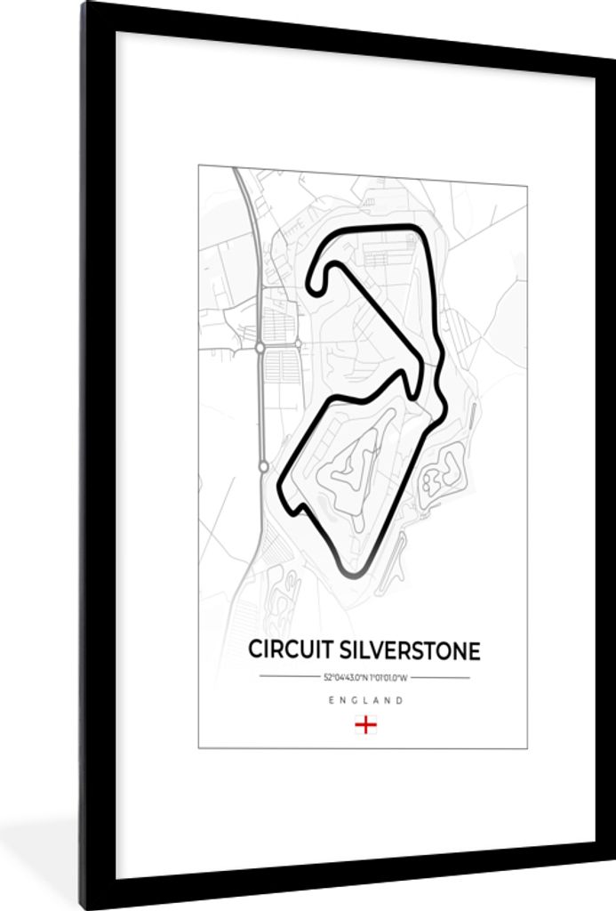 MuchoWow Gerahmtes Poster Rennsport - England - Rennstrecke - Silverstone - Weiß 60x90 cm - Poster mit Schwarzem Bilderrahmen Wandposter Rahmen ...
