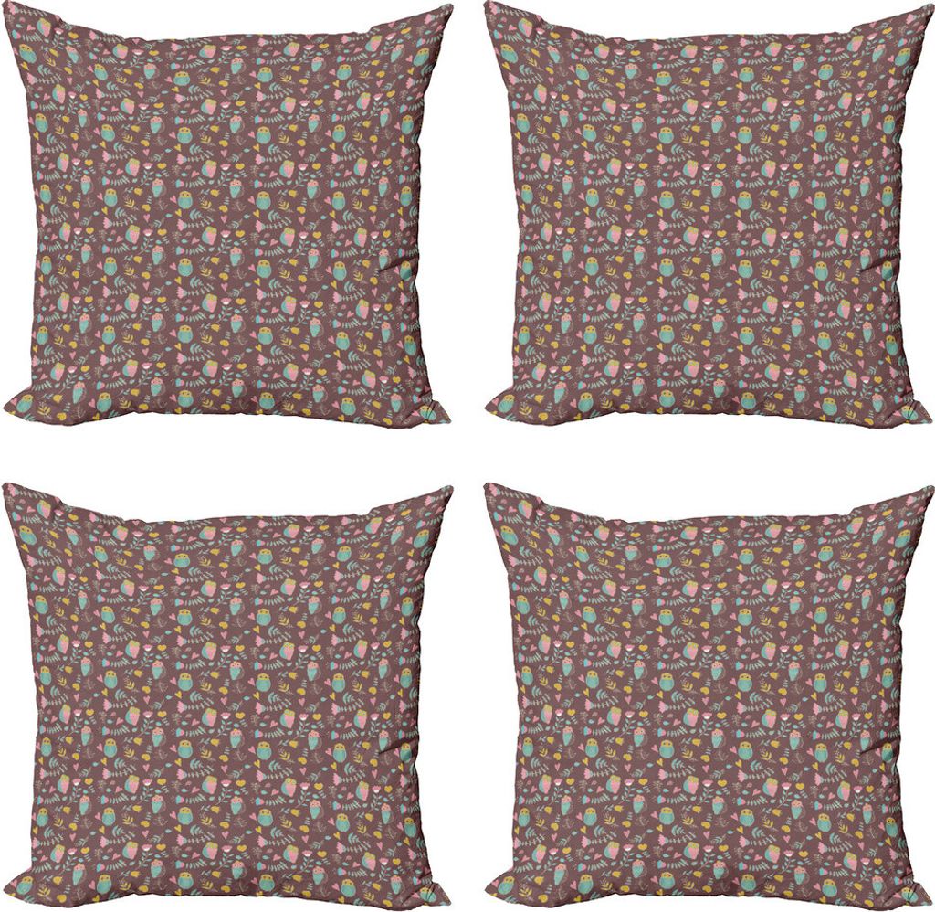 ABAKUHAUS Eule Drucken Kissenbezug Set (4 Stück), Fall Forest-Vogel-Herz, Moderner Doppelseitiger Digitaldruck, 60 cm x 60 cm, Pale Schokolade Mul...