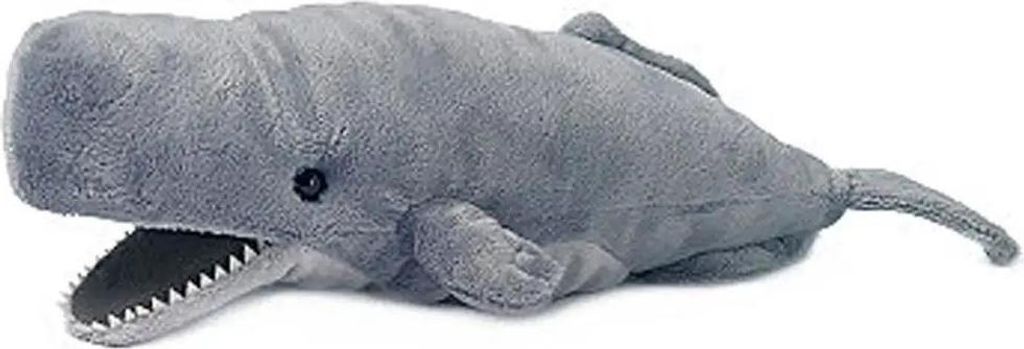 A plush toy sperm whale is shown lying on a white background.