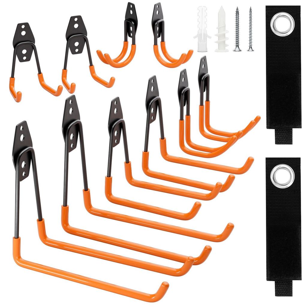 Wandhaken für Garage, 12 Stück Garagenhaken, Schwerlast Doppelhaken für Werkzeuge, Gartengeräte, Fahrräder, Leiter, Sportausrüstung (Orange)