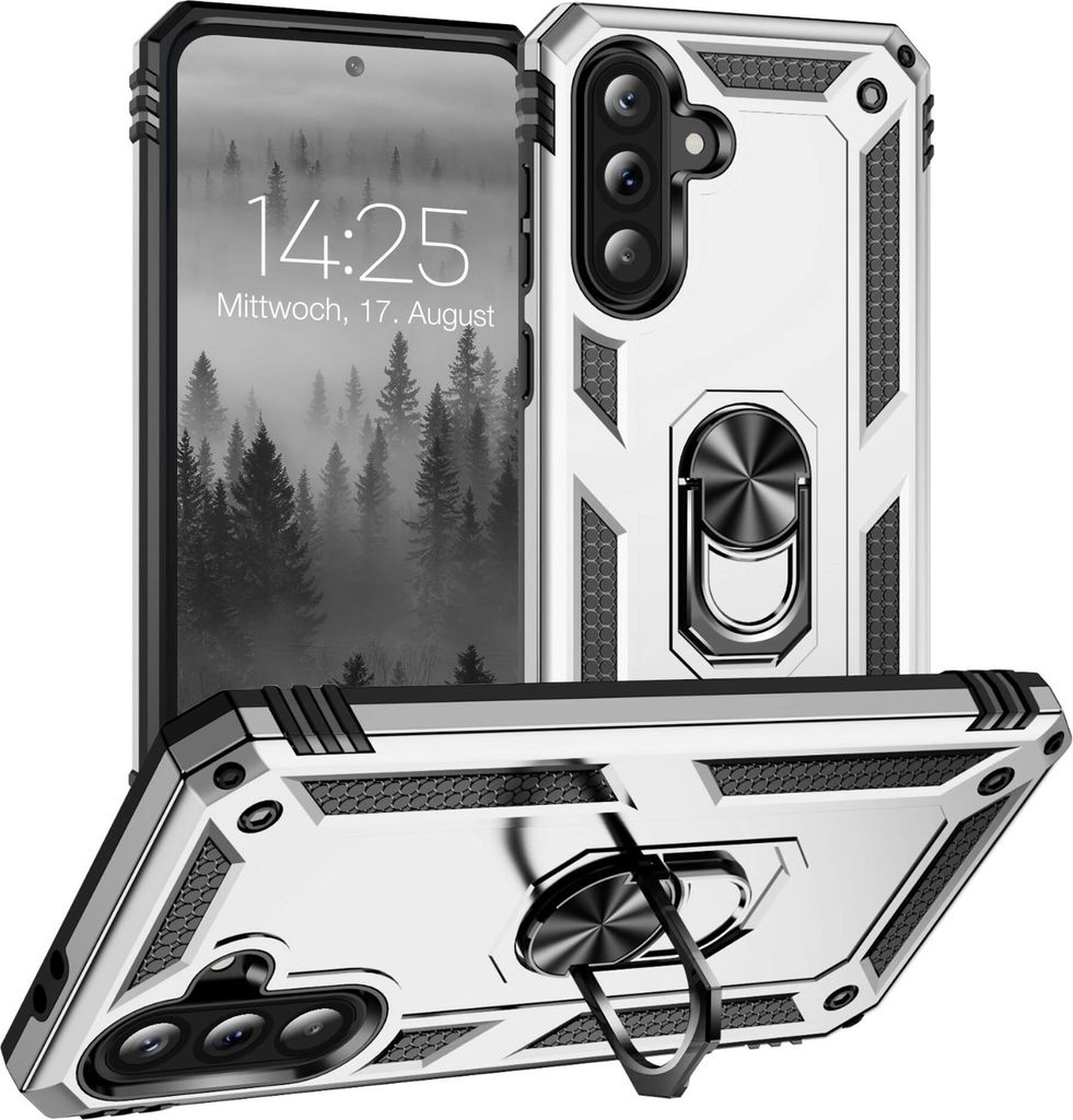 A silver and black rugged phone case with a ring holder, shown from multiple angles.