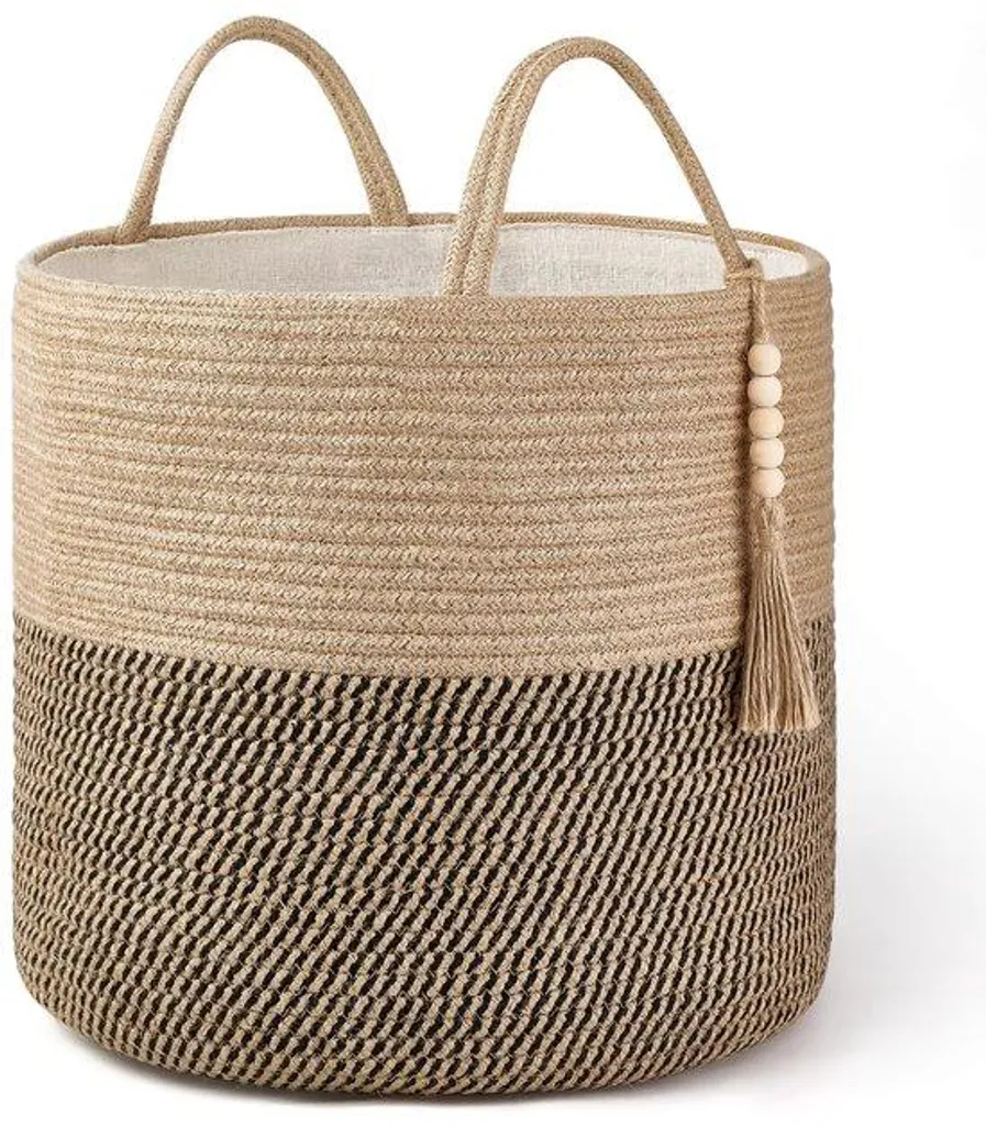 Boîte décorative jaune et noire en corde tressée et bois avec poignée