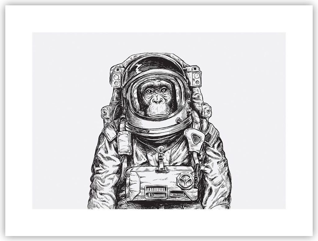 Poster - Poster ohne Rahmen - Schimpanse Astronaut Zeichnung - 40x30 cm - Wand Bild - Wanddeko - Wandbilder - Kunstposter - Wandposter - Bilder - K...
