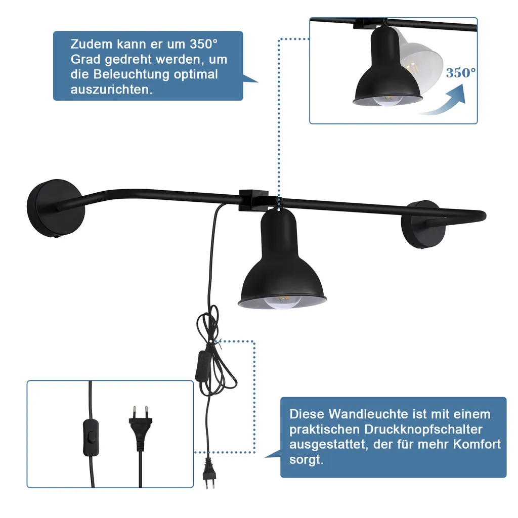 Spot Mural Noir Industriel Orientable E27 avec Interrupteur Intégré