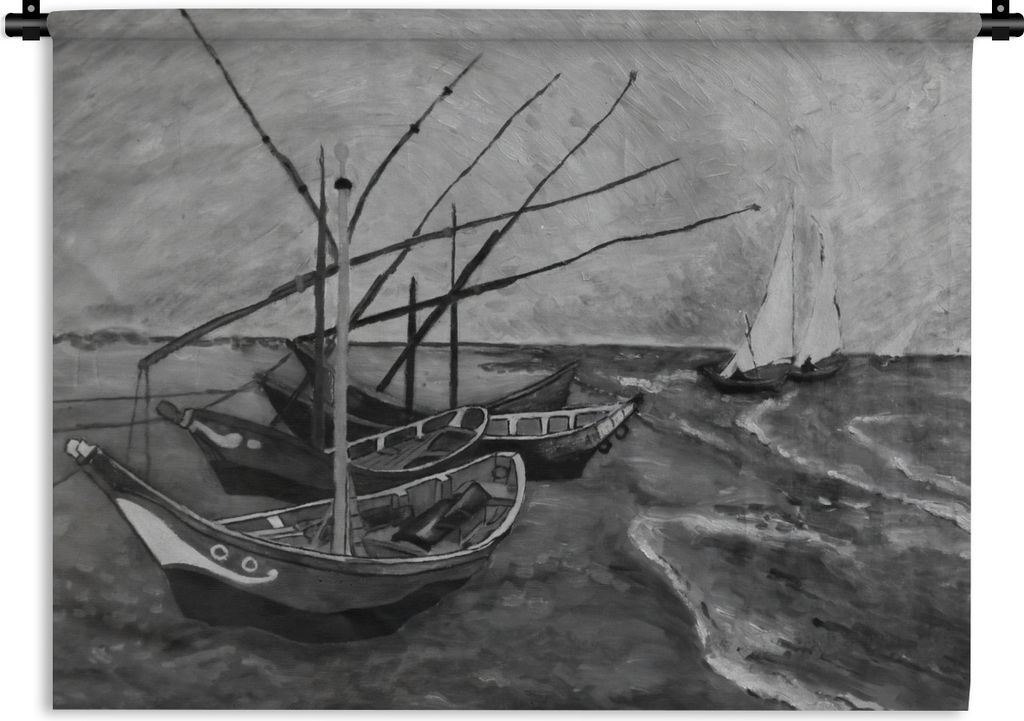 MuchoWow Wandteppich Wandbehang Gogh Barche Di Pescatori - Vincent van Gogh - Schwarz - Weiß 120x90 cm Tapisserie Dekoration Wandtuch - Wohnen -...