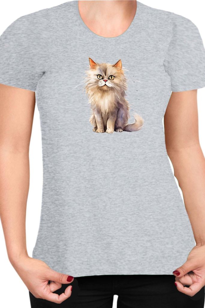 Damen T-Shirt Funny Cats Breeds British Longhair Cat 016, Lady XS / Grau