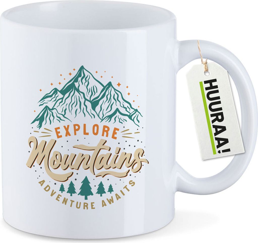 Huuraa Kaffeetasse Explore Mountains Adventure Awaits 330ml Weiß Keramik Kaffeebecher Geschenkidee