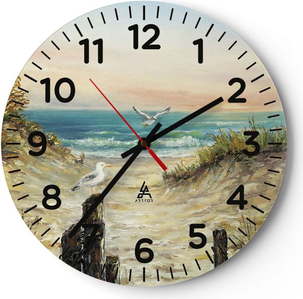 Wanduhr - Rund - Glasuhr - Impressionismus Möwen Küste - 40x40cm - Schleichendes Uhrwerk - Lautlos - zum Aufhängen bereit - Dekoration Modern - ...