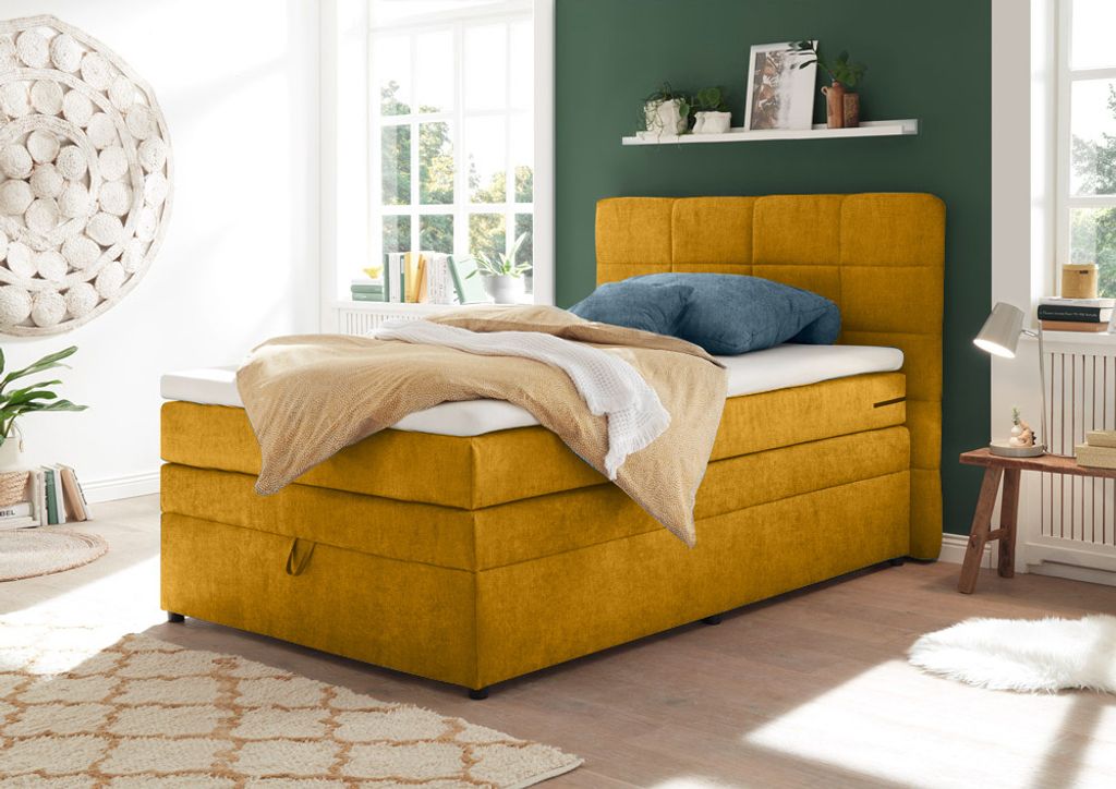 Boxspringbett 140x200 cm Jugendbett mit Bettkasten TEREZIN-09 Hotelbett in Uran senf
