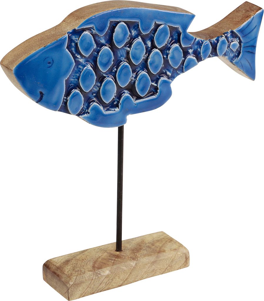 Maritimer Deko Holz Fisch auf Ständer Blau - Dekoration Wohnzimmer Garten Deko-Figur 25cm