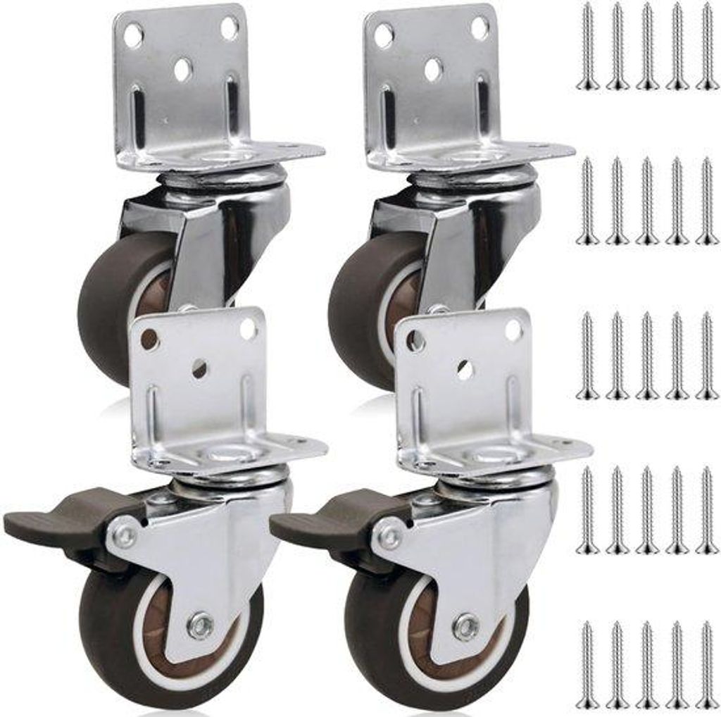 Packung mit 4 Möbelrollen, 50 mm L-förmige Gummi-Lenkrollen mit Feststellern, 360°-Schwerlastrollen, Tragkraft 100 kg, seitliche Befestigung fü...