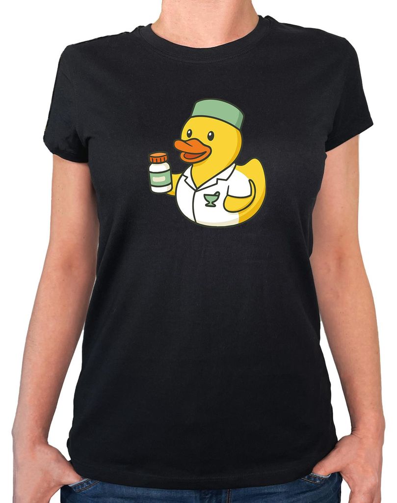 Huuraa Damen T-Shirt Quietscheente Pharmazie Comic Gummiente XXL Black Bio Baumwolle Fairtrade Damenshirt Geschenkidee