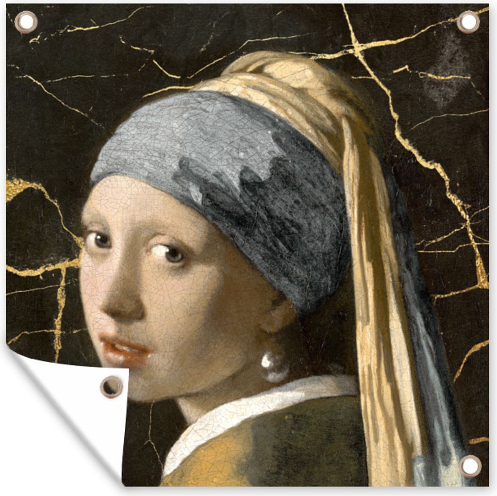 MuchoWow 100x100 cm Outdoor-Poster Gartendeko Sichtschutz Garten Poster für den Garten Mädchen mit Perlenohrring - Gold - Schwarz