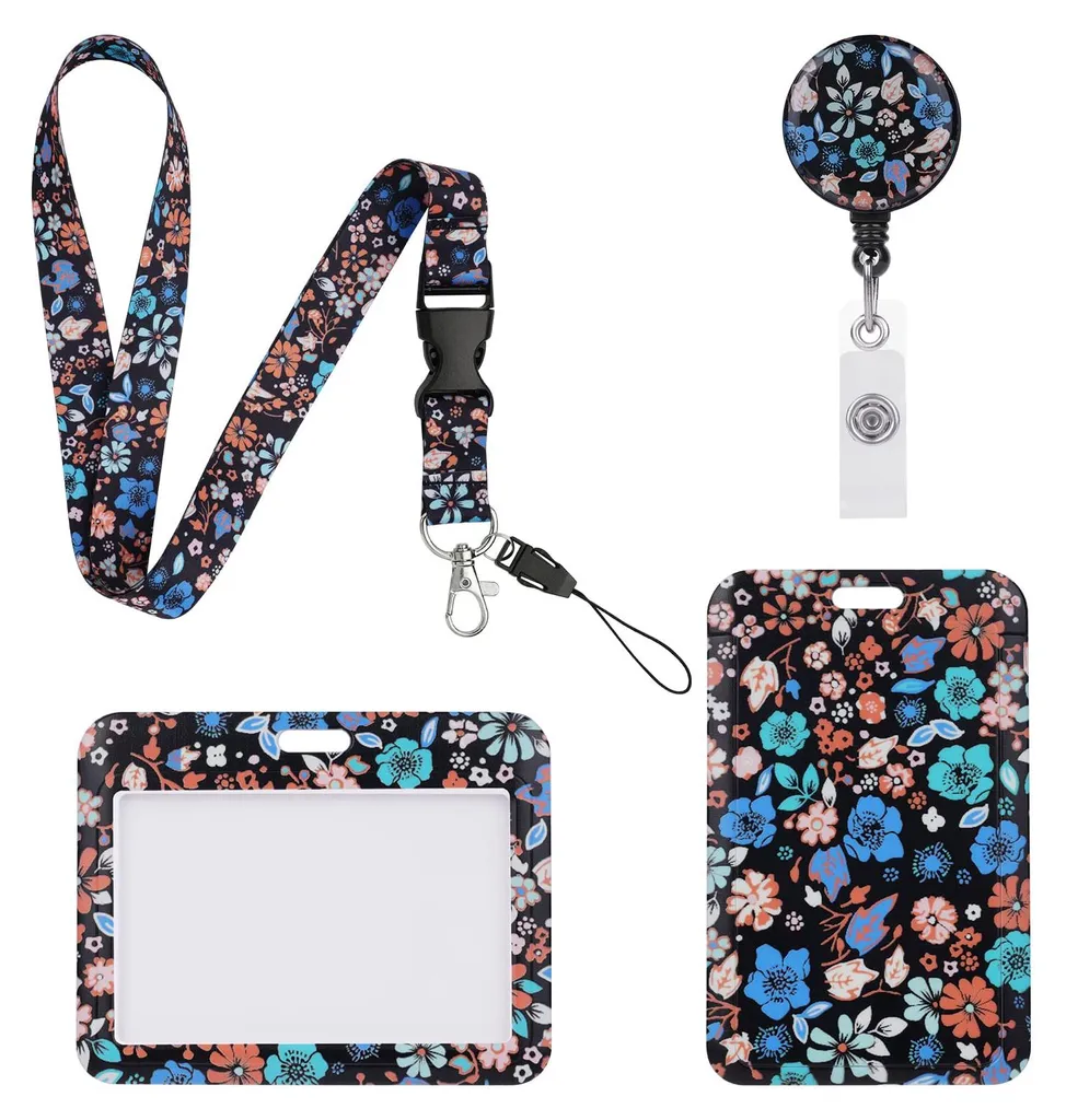 Porte-Badge Anti-Perte avec Enrouleur et Lanière Florale Sécurisée x2