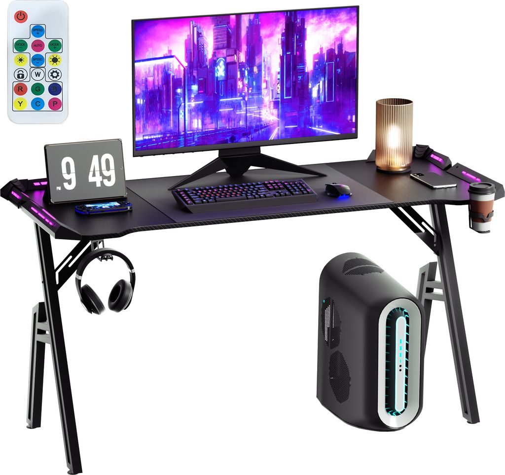 UISEBRT Ergonomischer Gaming Tisch mit LED Beleuchtung, Schreibtisch für PC, Beleuchteter Gamer Tisch, Adjustable Computertisch Schwarz, 140*60*74 cm