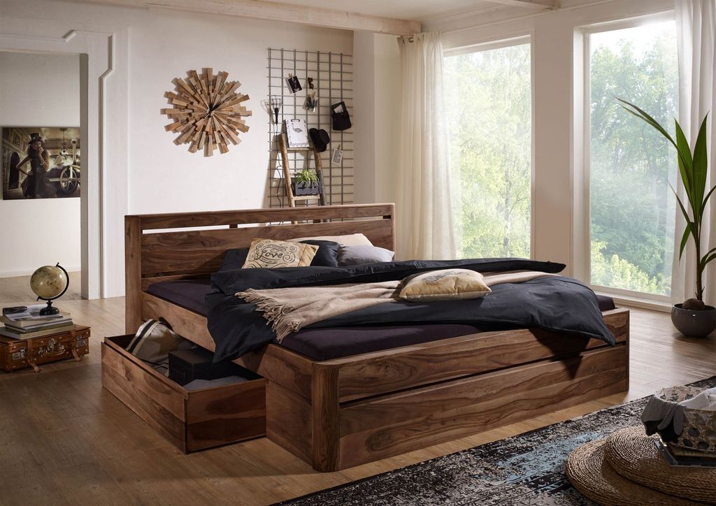 MASSIVMOEBEL24 Bett mit Schublade Sheesham 200x200 Produktbild 