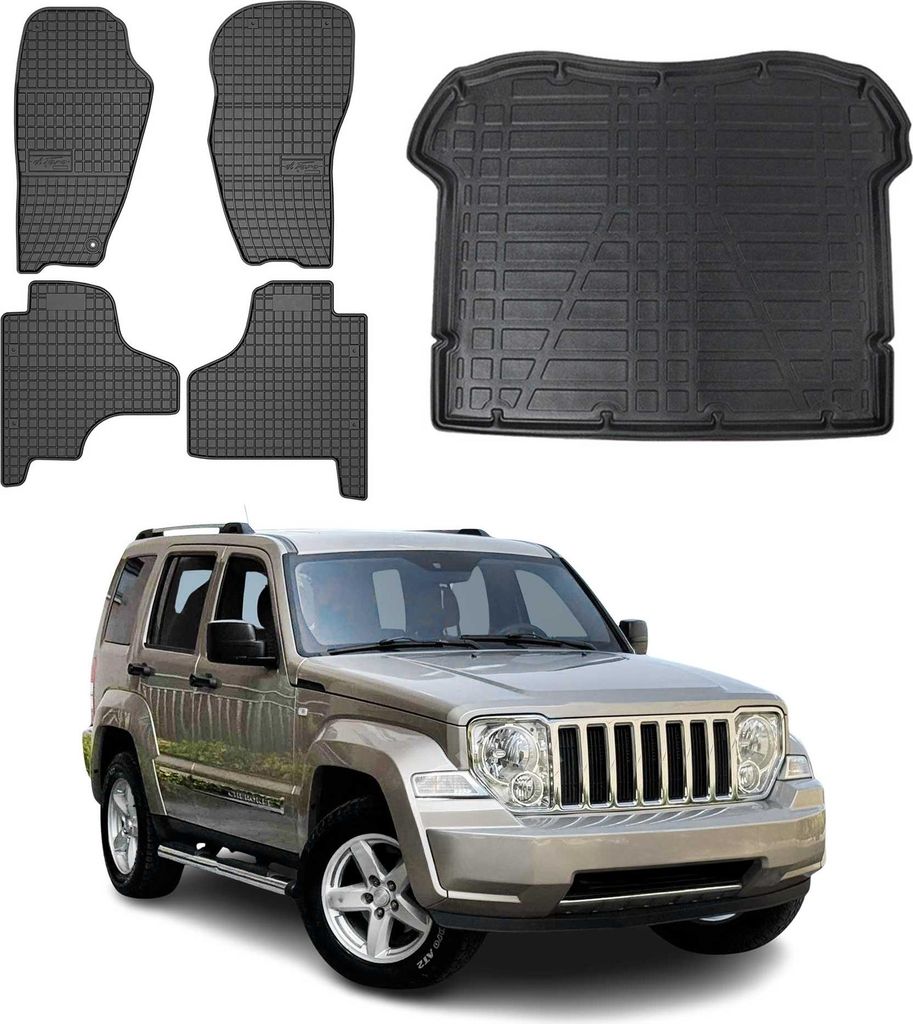 Fußmatten & Kofferraumwanne Set für Jeep Cherokee 2007-2013 Gummi Schwarz 5x