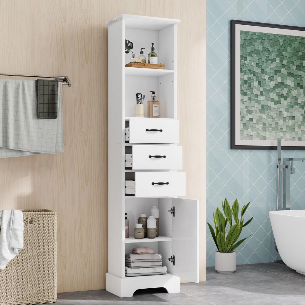okwish schmaler Badezimmerschrank mit 3 Schubladen und doppelte offene Regalböden Aufbewahrungsschrank Hochschrank mit einer Tür verstellbare Reg...