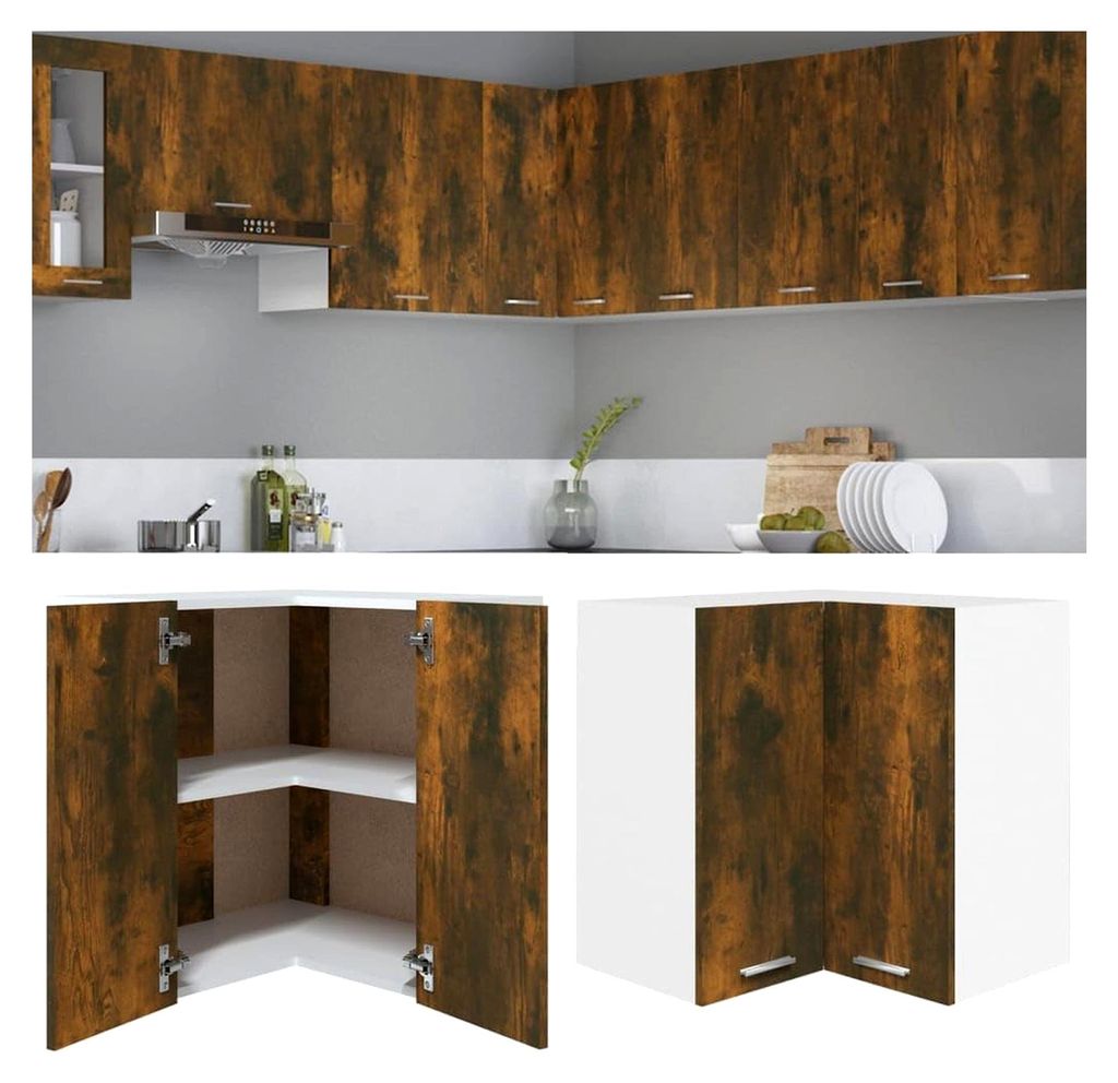 Eck-Hängeschrank Lyon Raucheiche 57 x 57 x 60 cm Holzwerkstoff, Küchenschrank mit 2 Türen und Regalen
