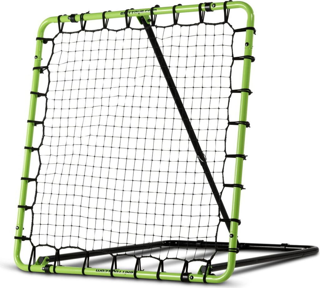 A sports rebounder net with a green frame and black netting, shown against a white background.