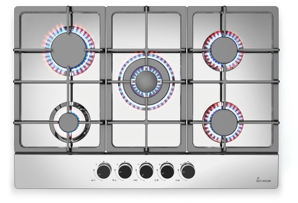 KKT KOLBE Gaskochfeld 74 cm | Autark | 10,6 kW | 5 Flammig | stufenlos regelbar | Wok-Zone | Rahmenlos | Knebelbedienung | Gusseiserne Topfträger ...