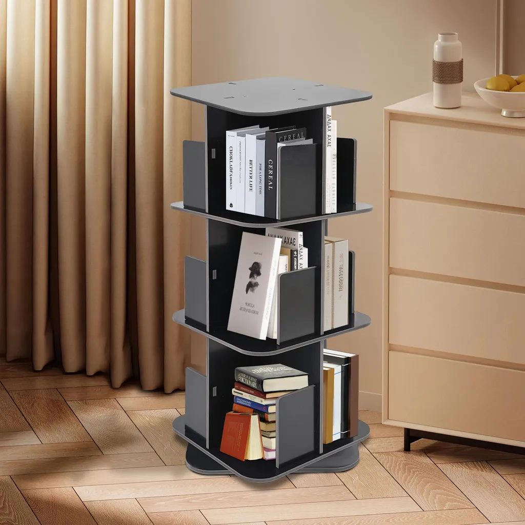 Bibliothèque pivotante 3 niveaux noire avec rotation fluide 360°
