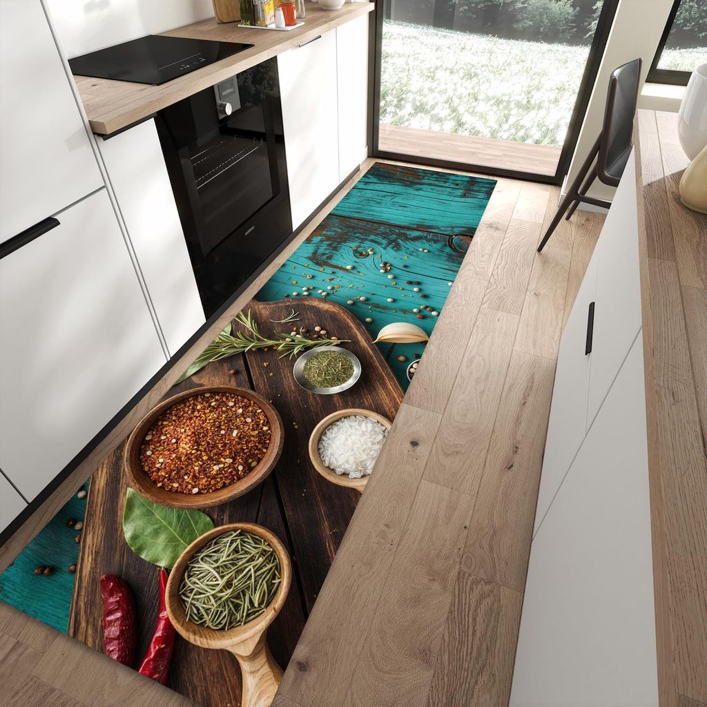 Küchenteppich 80x300cm rutschfest & abwischbar PVC Läufer - Küchenzutaten Holztisch