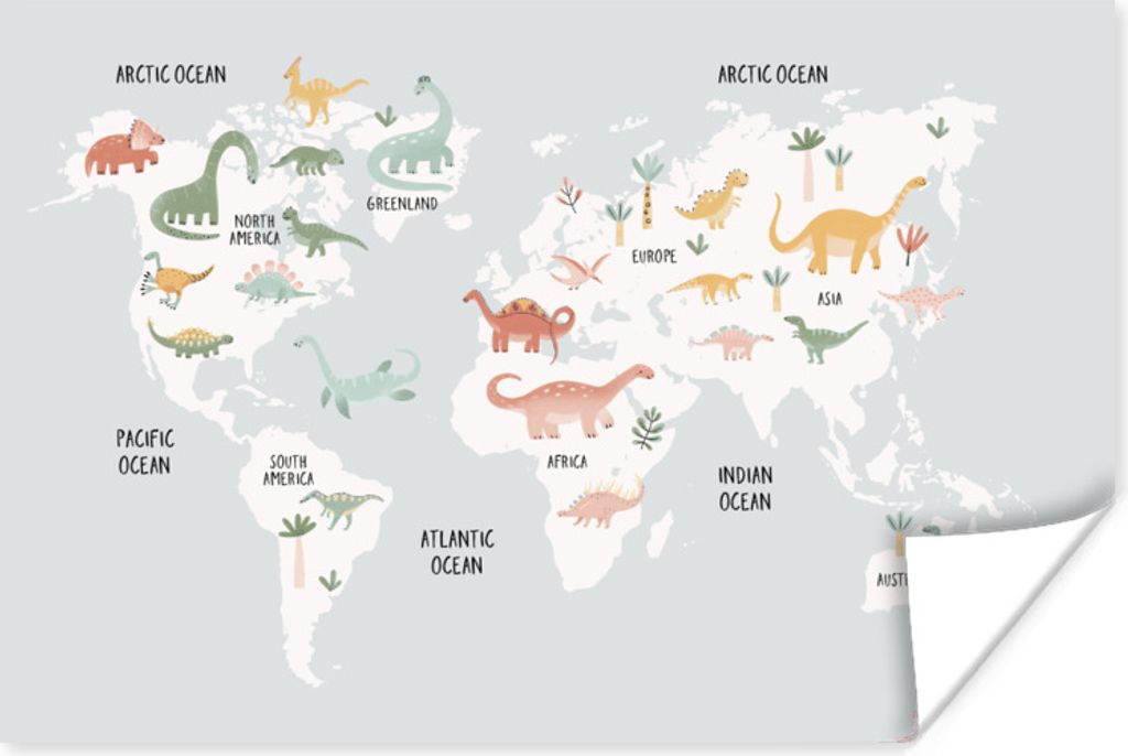 MuchoWow Poster Kinderzimmer - Karte - Dino - Grau 60x40 cm - Schlafzimmerdekoration