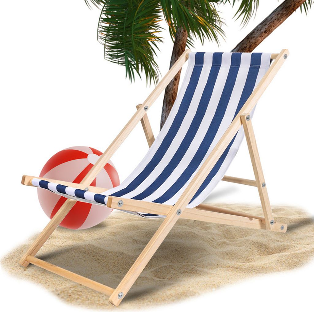 Hengda Liegestuhl Strandliege Sonnenliege Gartenliege Holz Liege Holzstrandliege120kg Blau weiß
